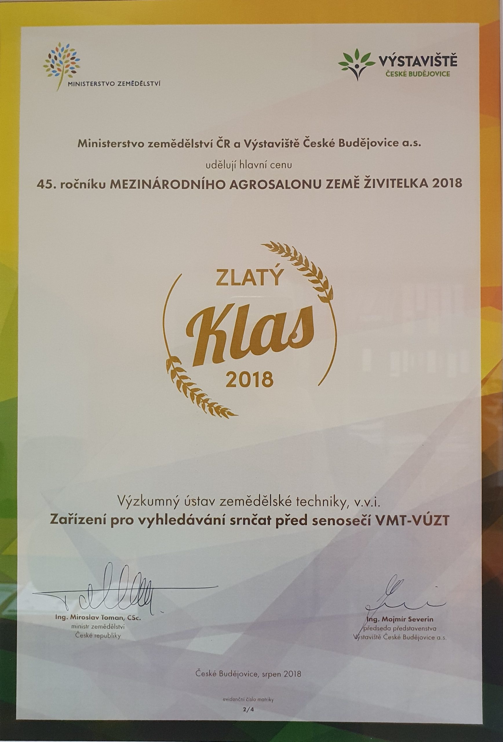 Zlatý klas za Zařízení pro vyhledávání srnčat před senosečí VMT-VÚZT