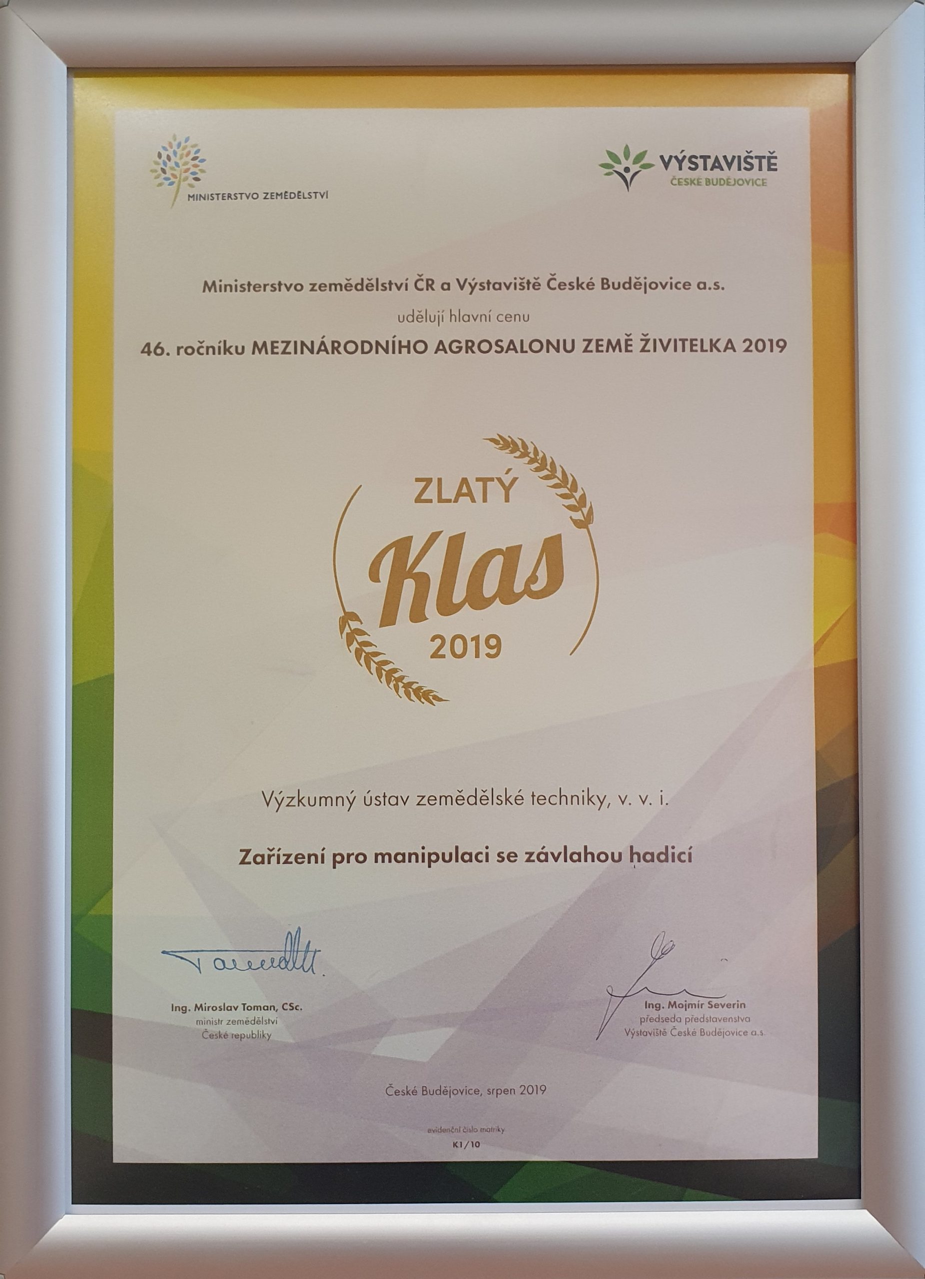 Zlatý klas za Zařízení pro manipulaci se závlahovou hadicí